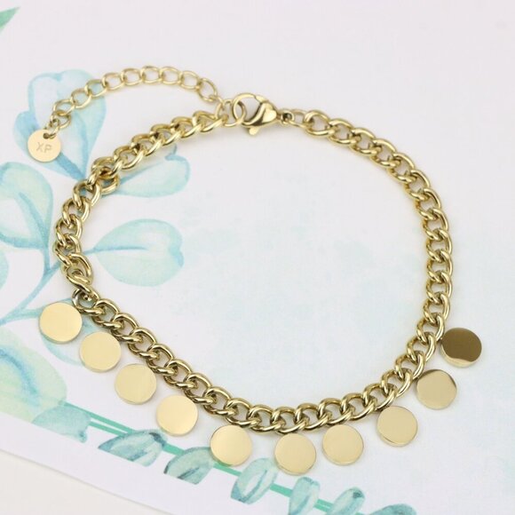 Chic Yellow Gold Bracelet with Round Disc Charms and Adjustable, XPBL0714 - Picture 4 of 12